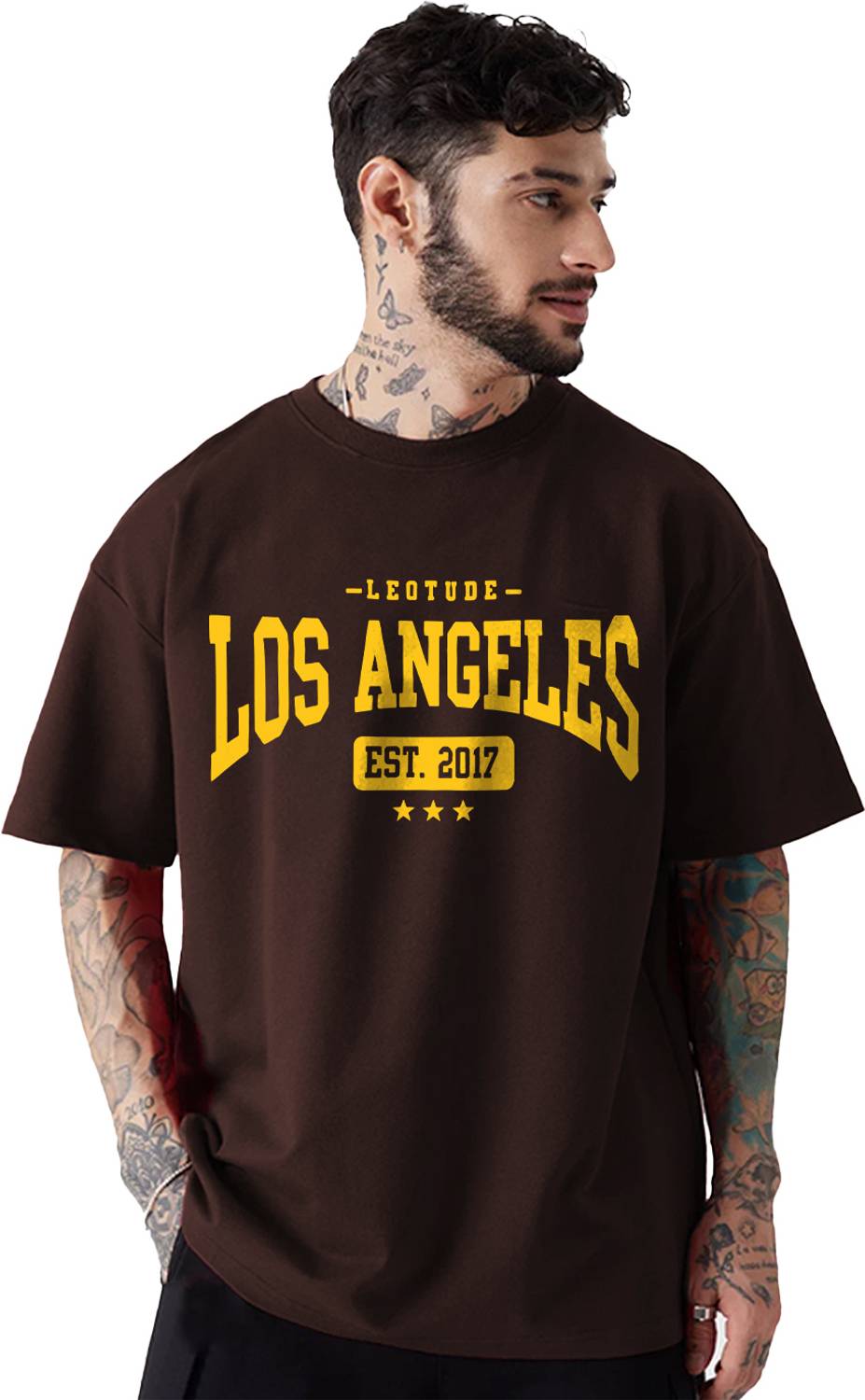 Leotude Men Printed Round Neck Cotton Blend Brown T-Shirt