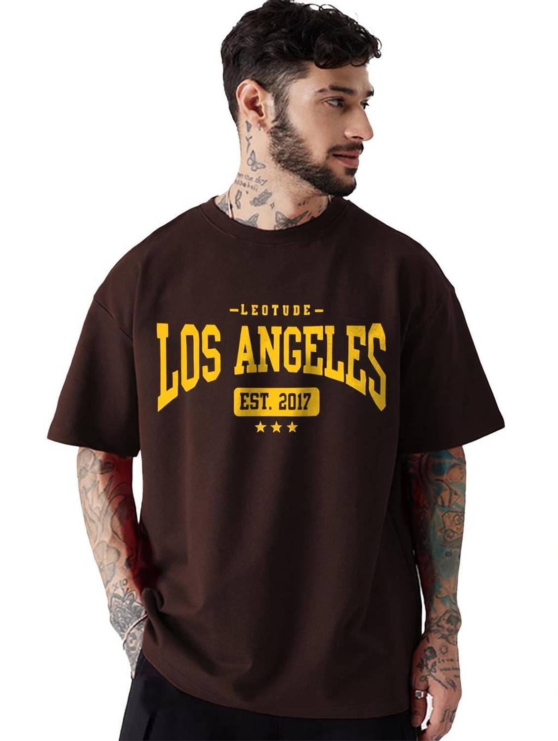 Leotude Printed Men Round Neck Brown T-Shirt