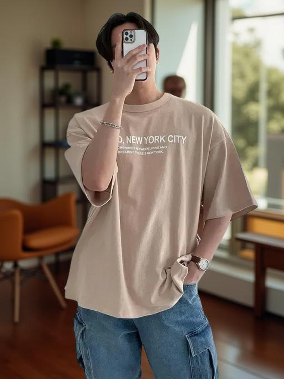 Image of KAJARSS Typography, Printed Men Round Neck Beige T-Shirt