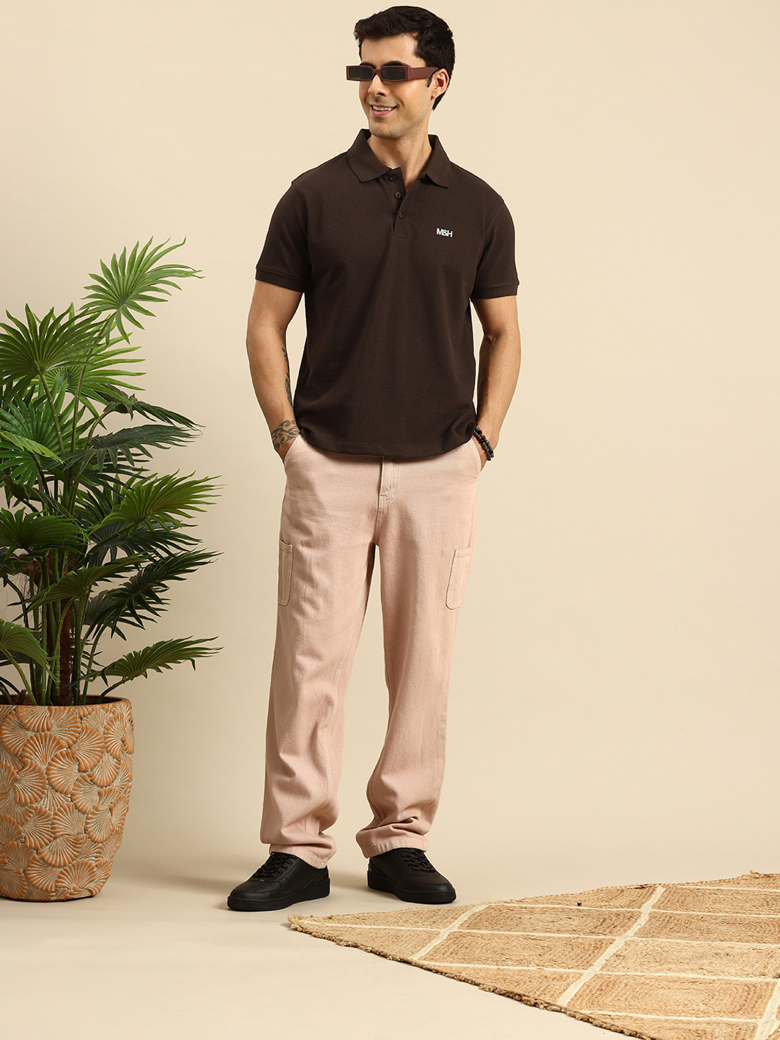 Image of Mast & Harbour Solid Men Polo Neck Brown T-Shirt