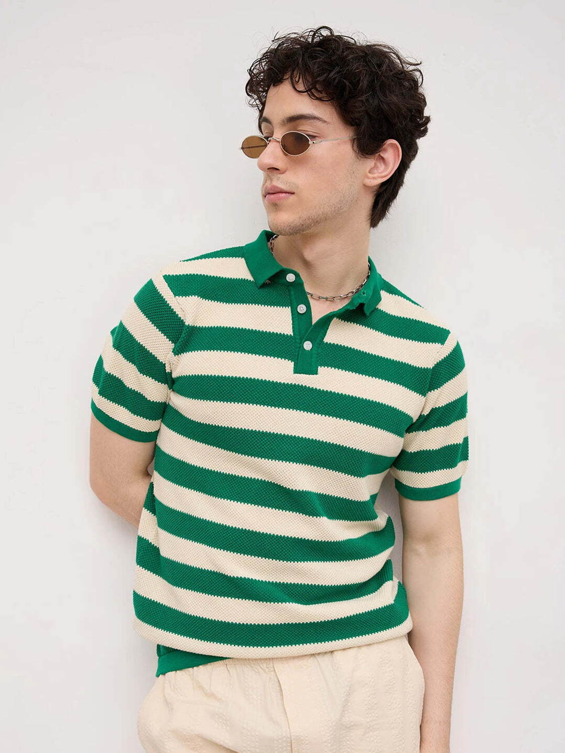 Image of VASTRADO Striped Men Polo Neck Green T-Shirt