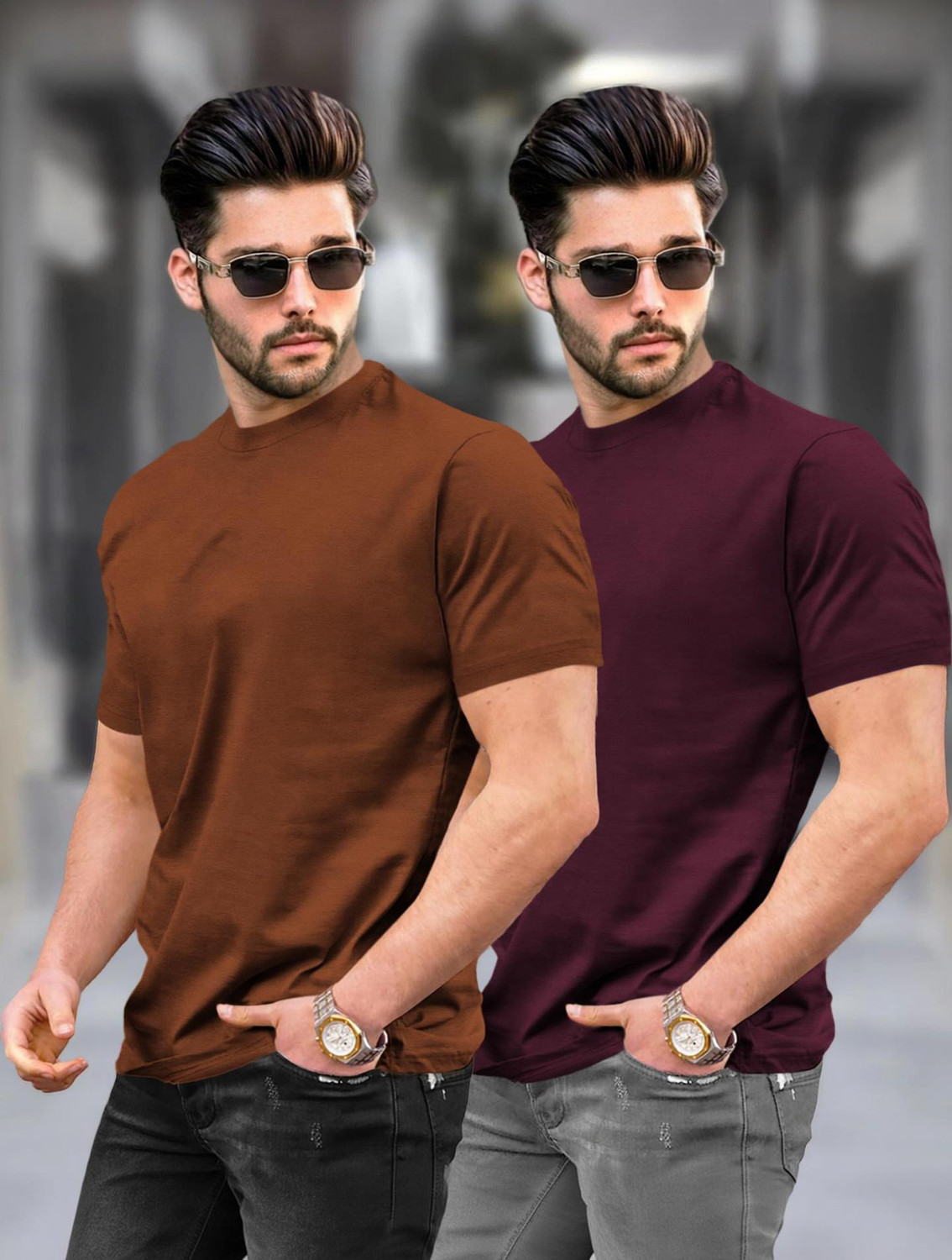 Image of TRIPR Solid Men Round Neck Brown, Maroon T-Shirt