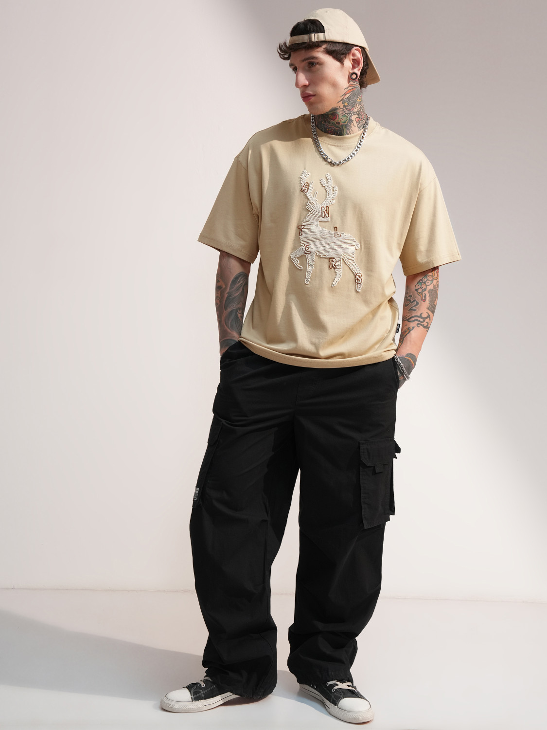 Image of HIGHLANDER Self Design Men Round Neck Beige T-Shirt