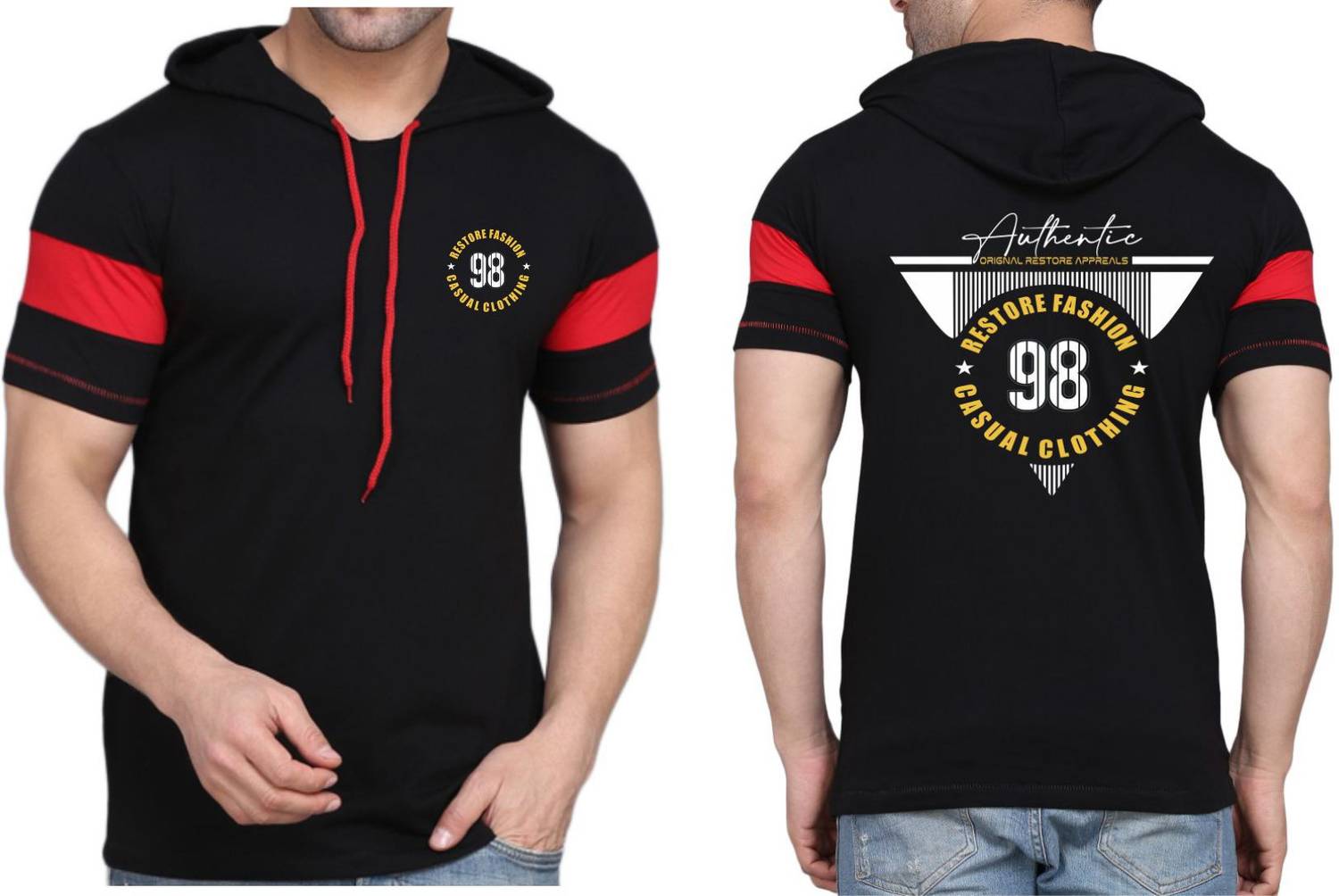 WOOSTRO Men Printed Hooded Neck Cotton Blend Black T-Shirt