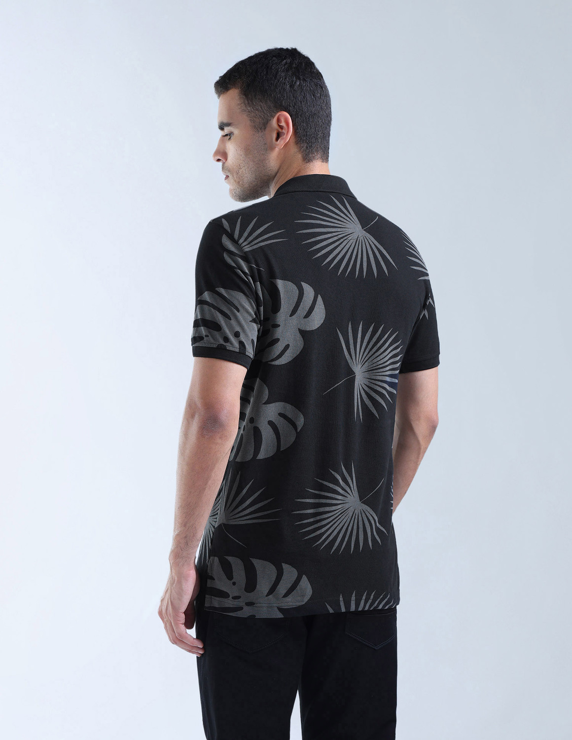 Image of FLYING MACHINE Printed Men Polo Neck Black T-Shirt