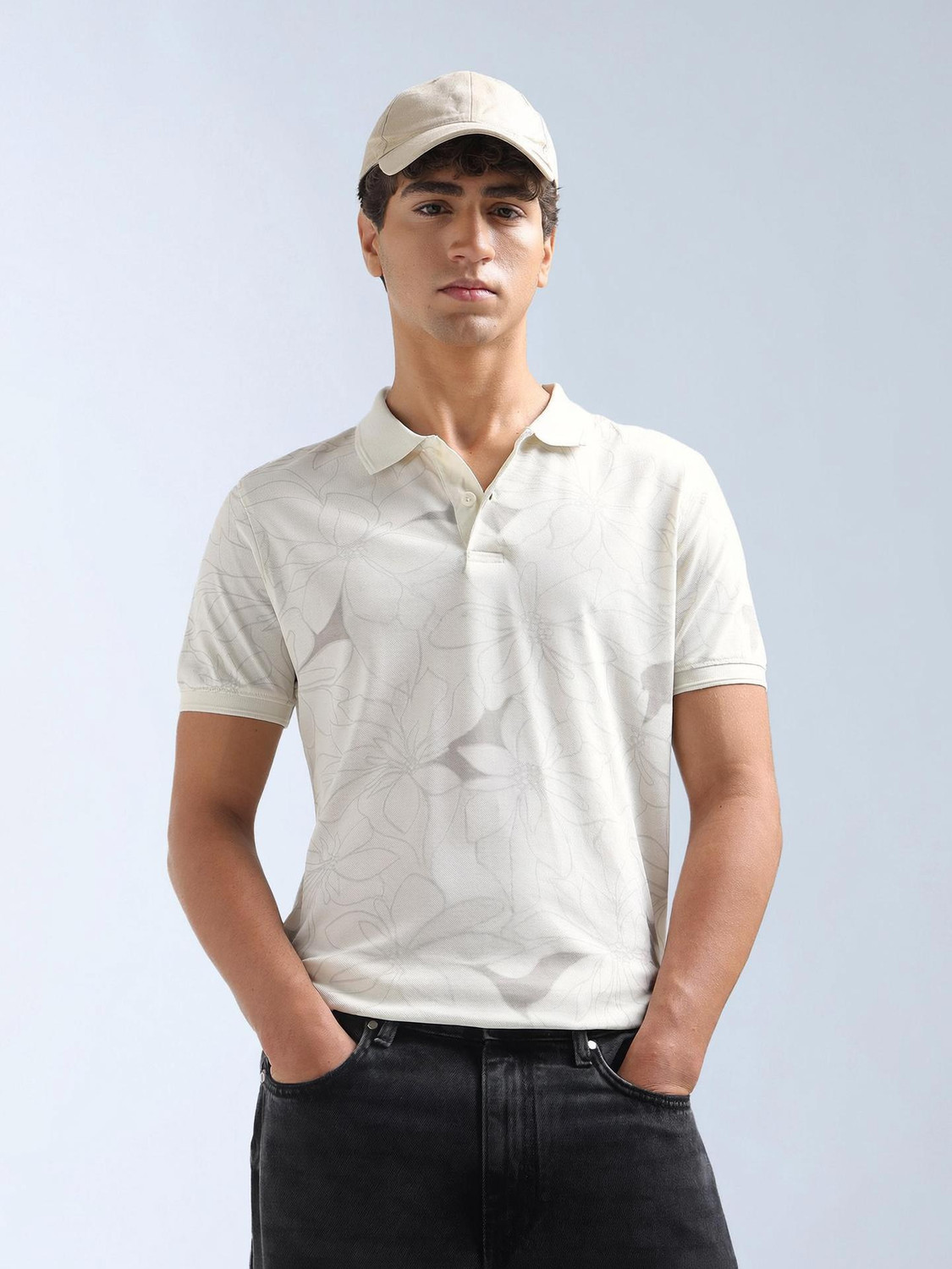 Image of FLYING MACHINE Printed Men Polo Neck White T-Shirt