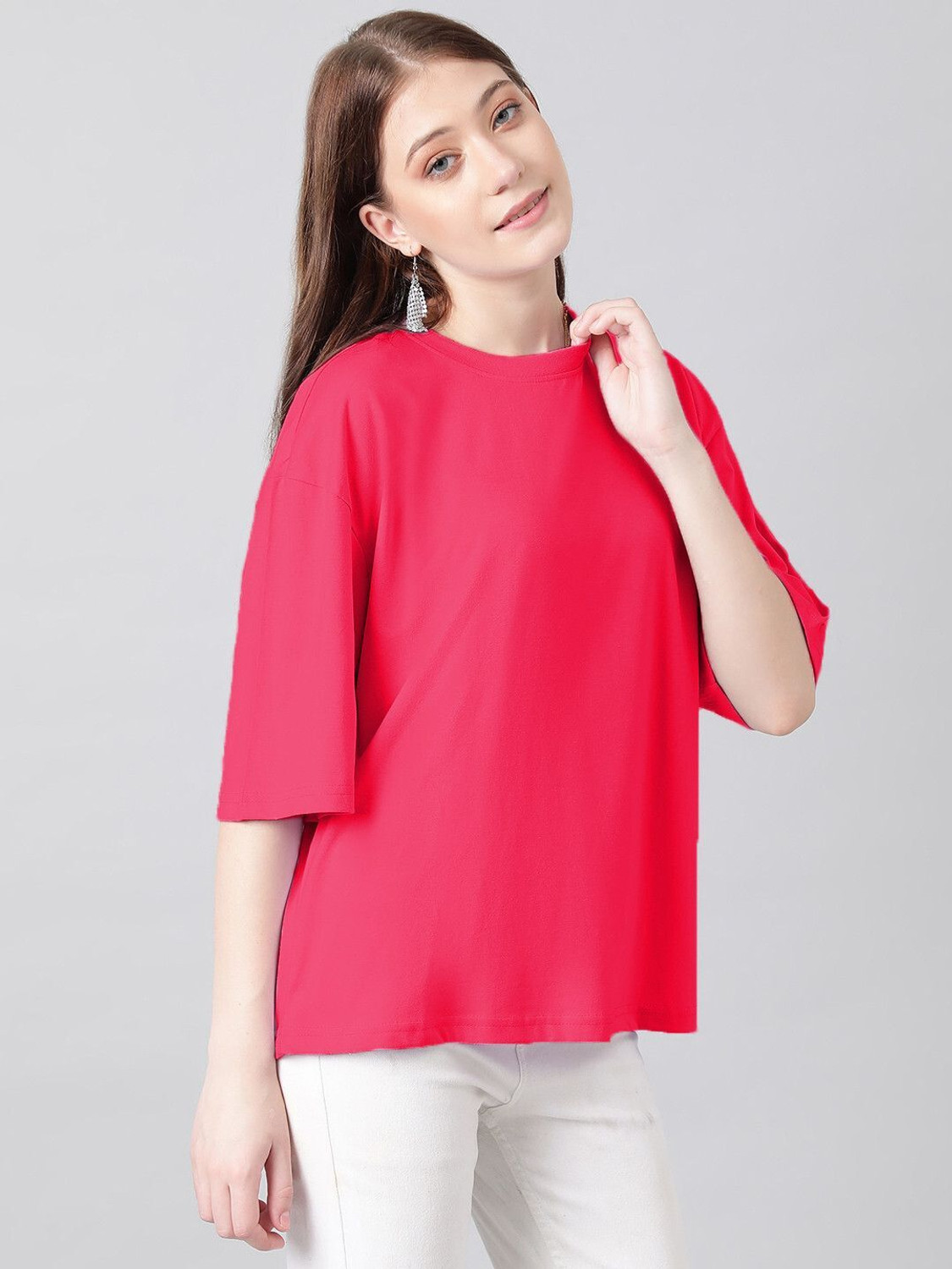 Image of KOTTY Solid Women Scoop Neck Pink T-Shirt