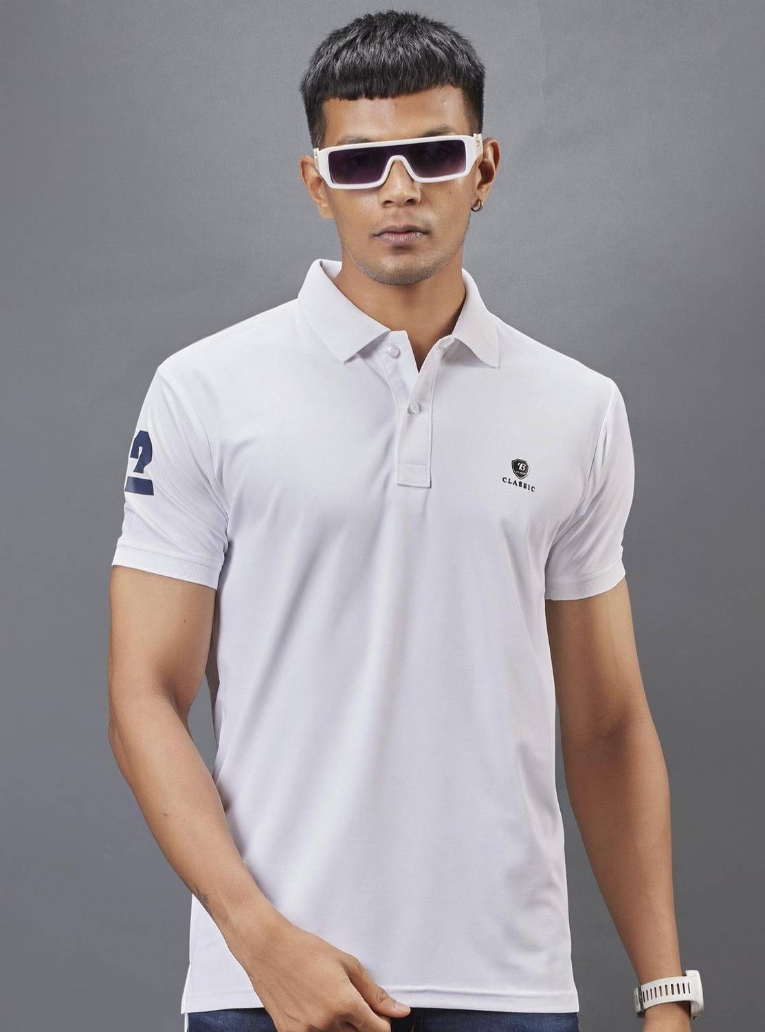 3BROS Solid Men Polo Neck White T-Shirt