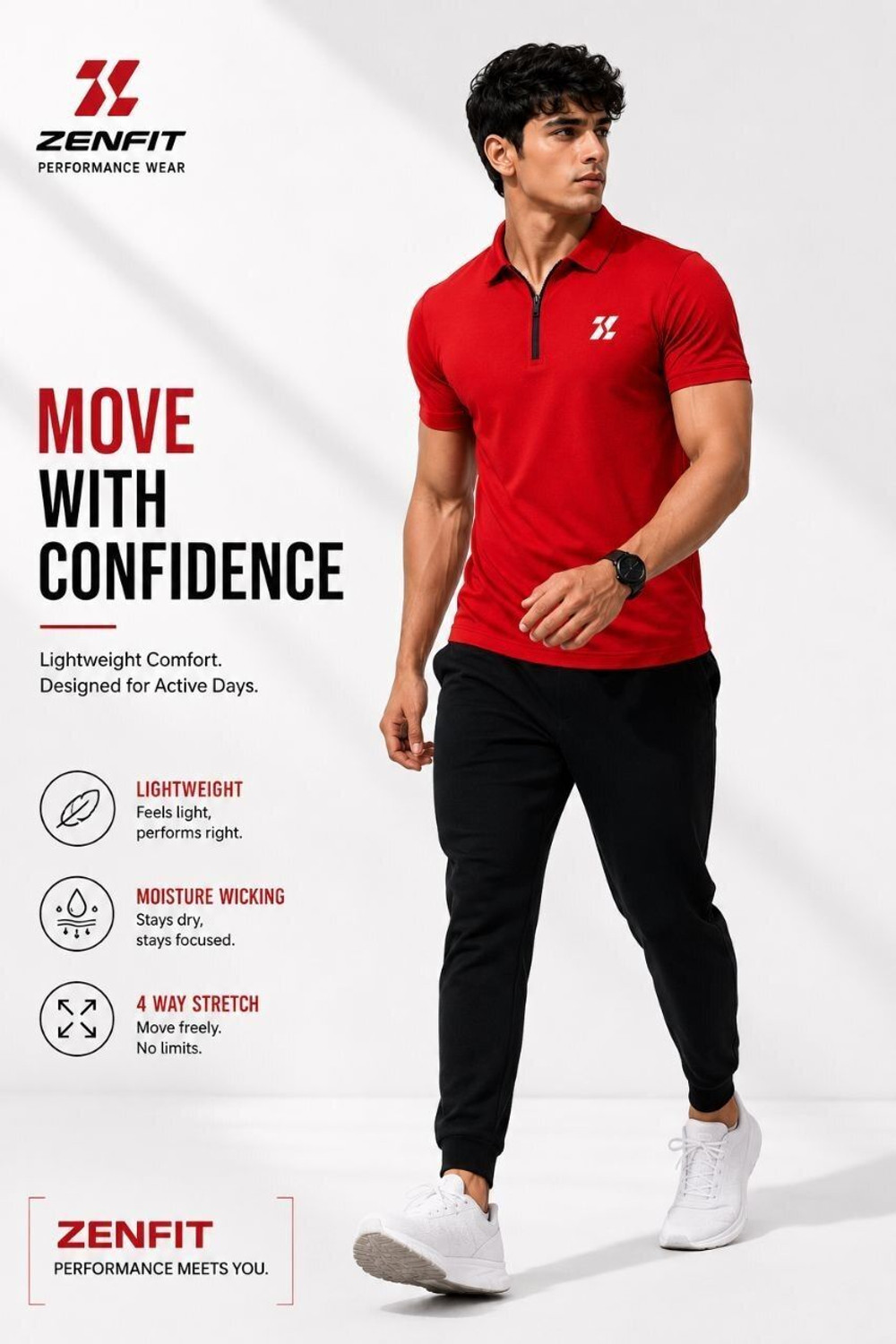 Image of zenfit Men Self Design Zip Neck Polyester Red T-Shirt