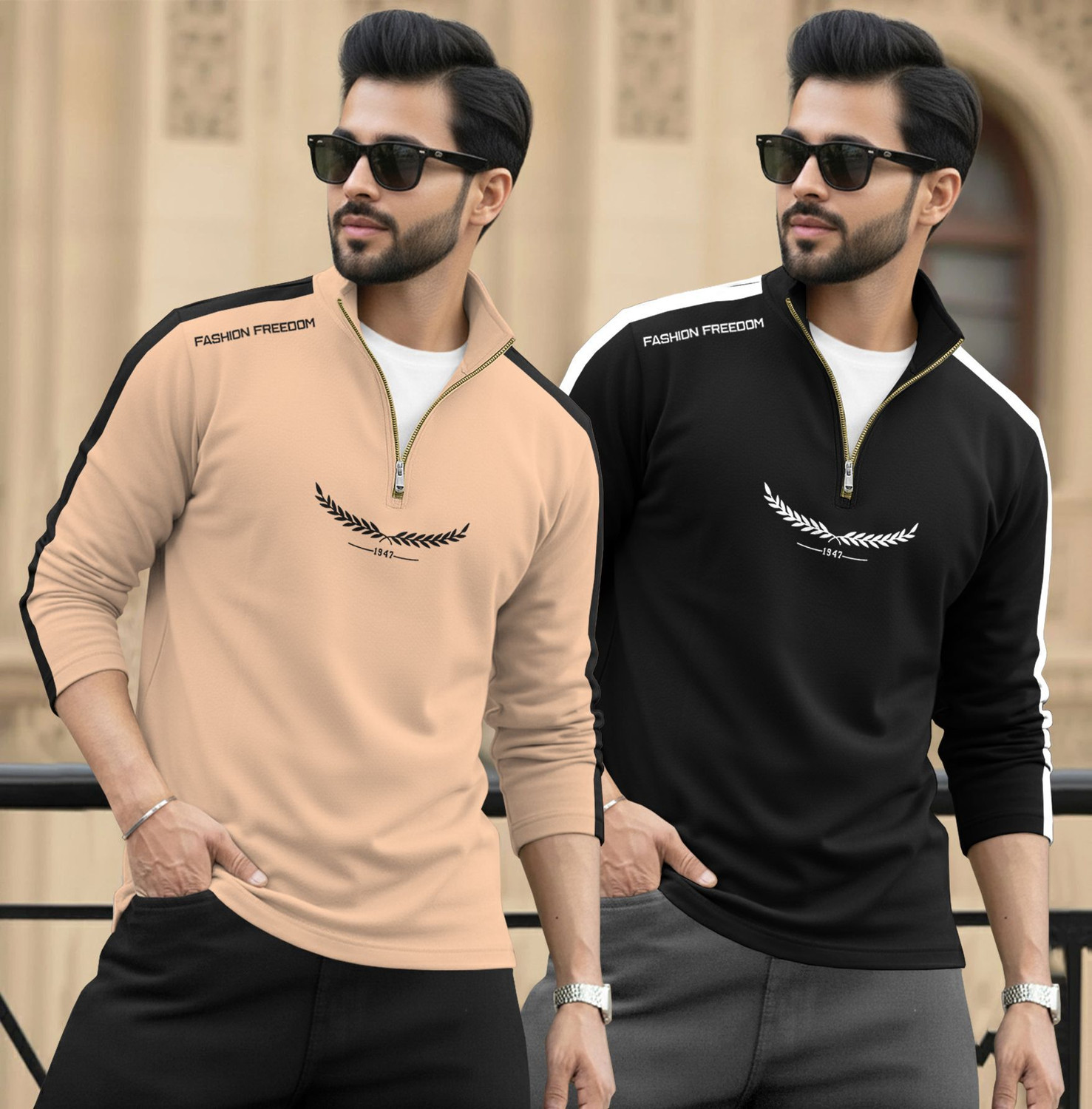 Image of TRIPR Printed Men Henley Neck Beige, Black, White T-Shirt