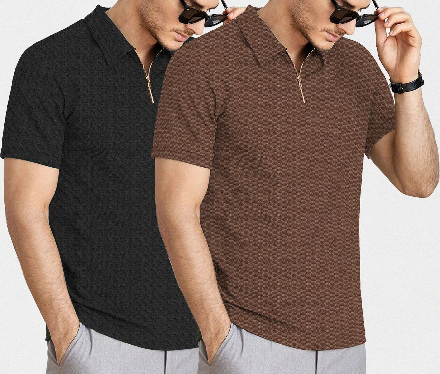Image of KAJARU Self Design Men Zip Neck Black, Brown T-Shirt