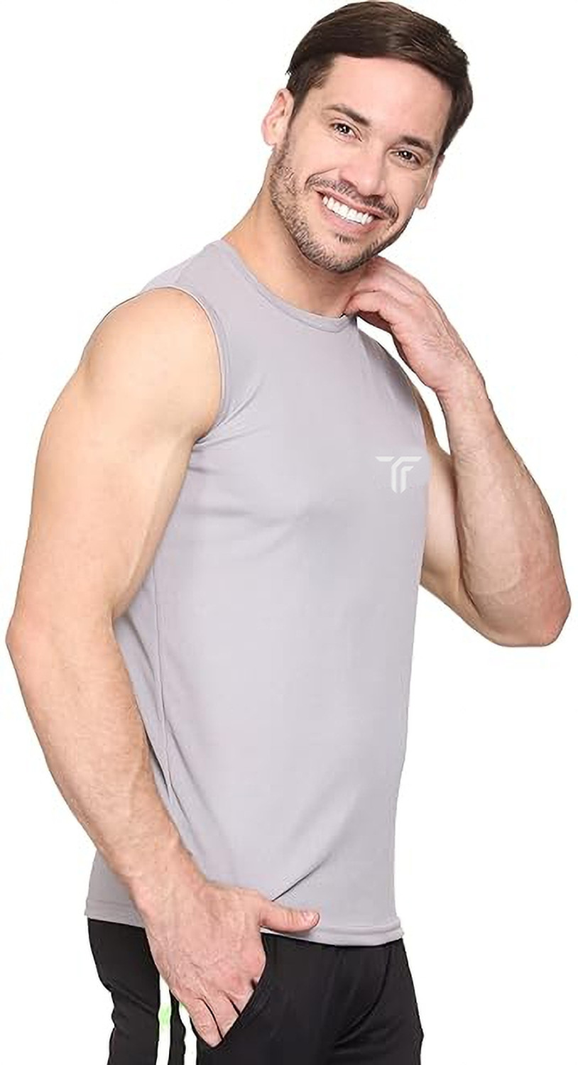 Image of Think Tech Men Solid Round Neck Polyester Grey T-Shirt