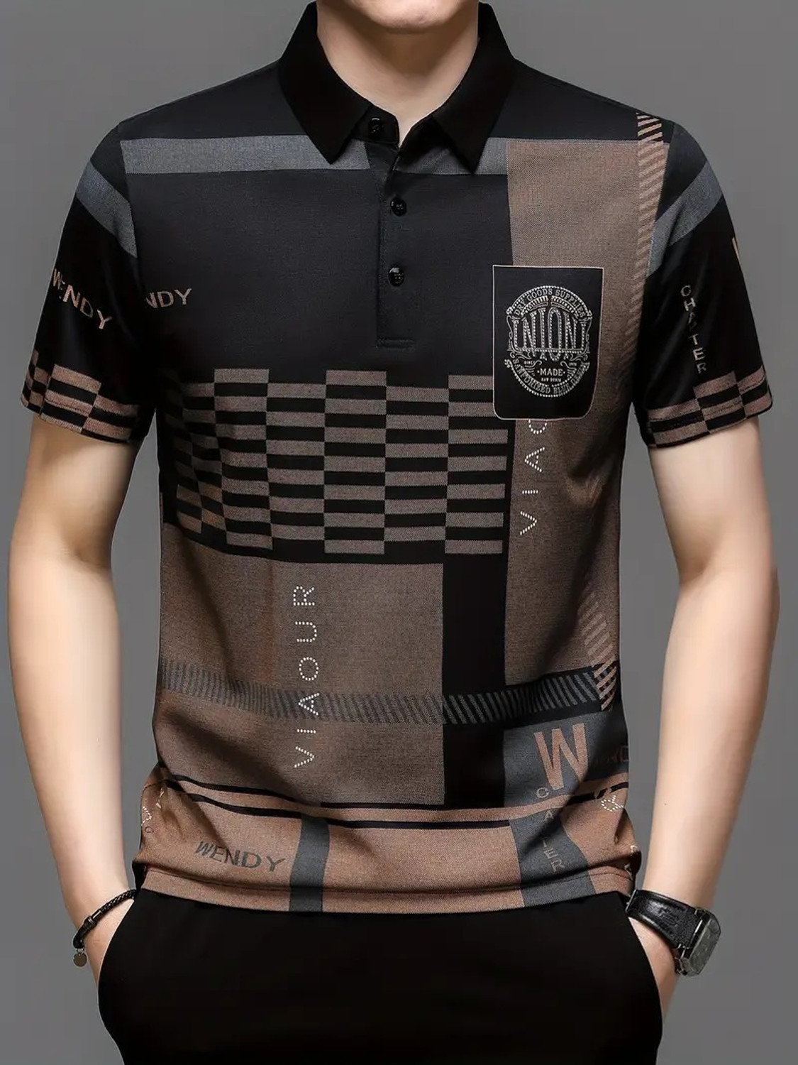 Image of NAUGHTY MEN Printed Men Polo Neck Black, Beige T-Shirt