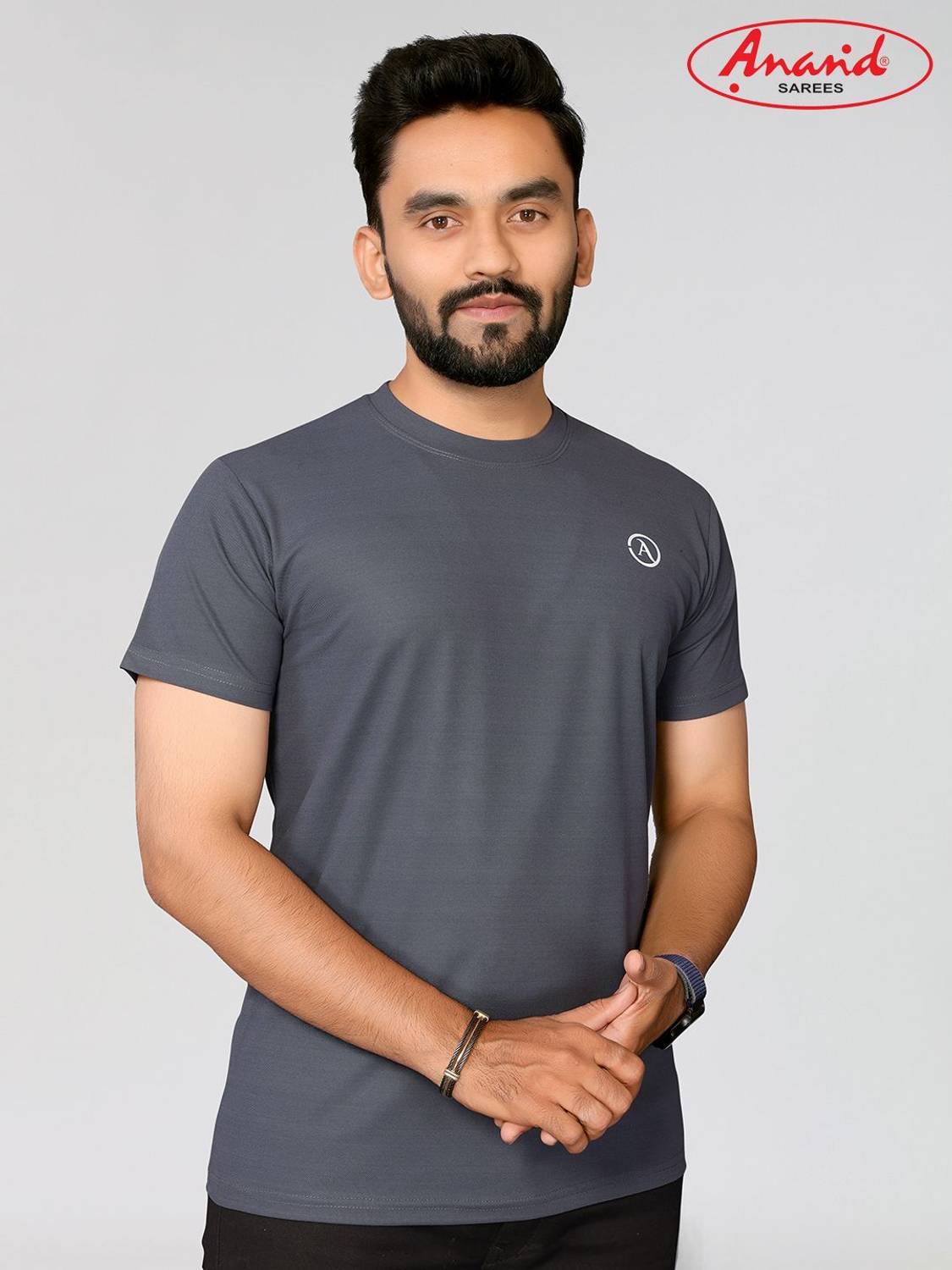 ANAND Solid Men Round Neck Grey T-Shirt