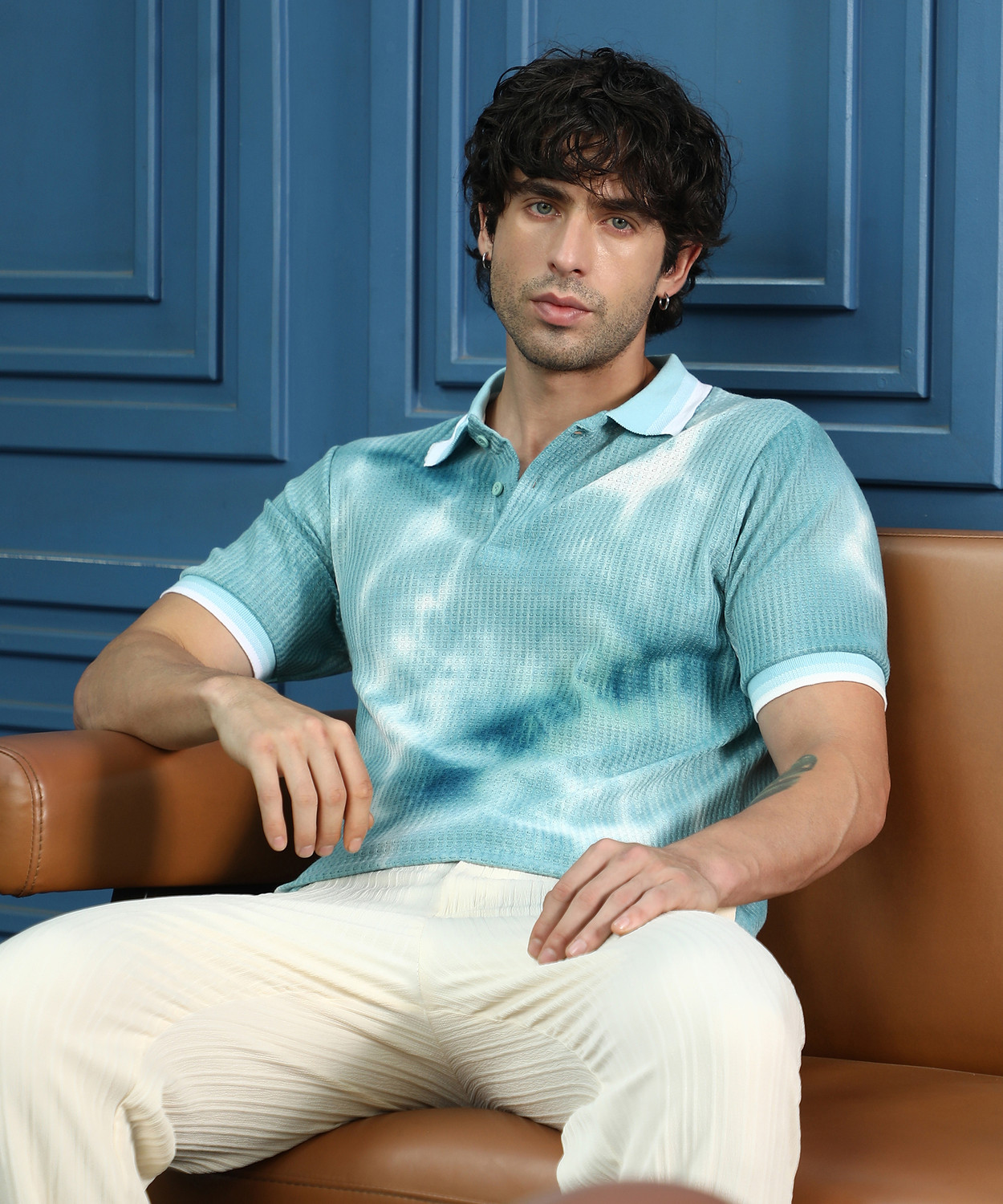 Image of CAMPUS SUTRA Abstract Men Polo Neck Blue T-Shirt