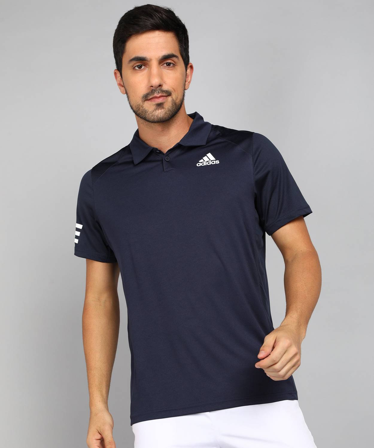 ADIDAS Striped Men Polo Neck Blue T-Shirt