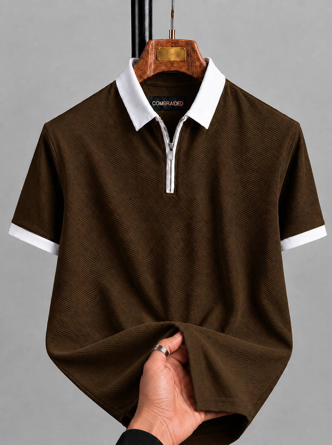 COMBRAIDED Self Design Men Polo Neck Brown T-Shirt
