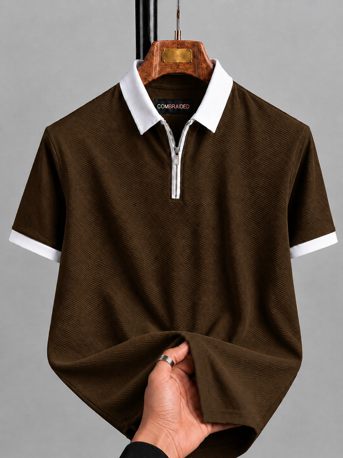 Image of COMBRAIDED Self Design Men Polo Neck Brown T-Shirt
