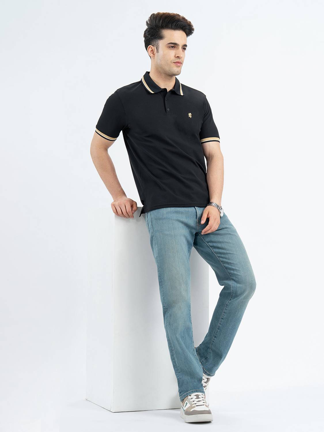 RED TAPE Embroidered Men Polo Neck Black T-Shirt - Image 5