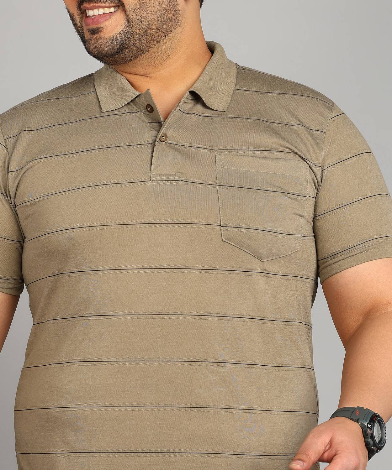 INKKR Men Striped Polo Neck Cotton Blend Beige T-Shirt