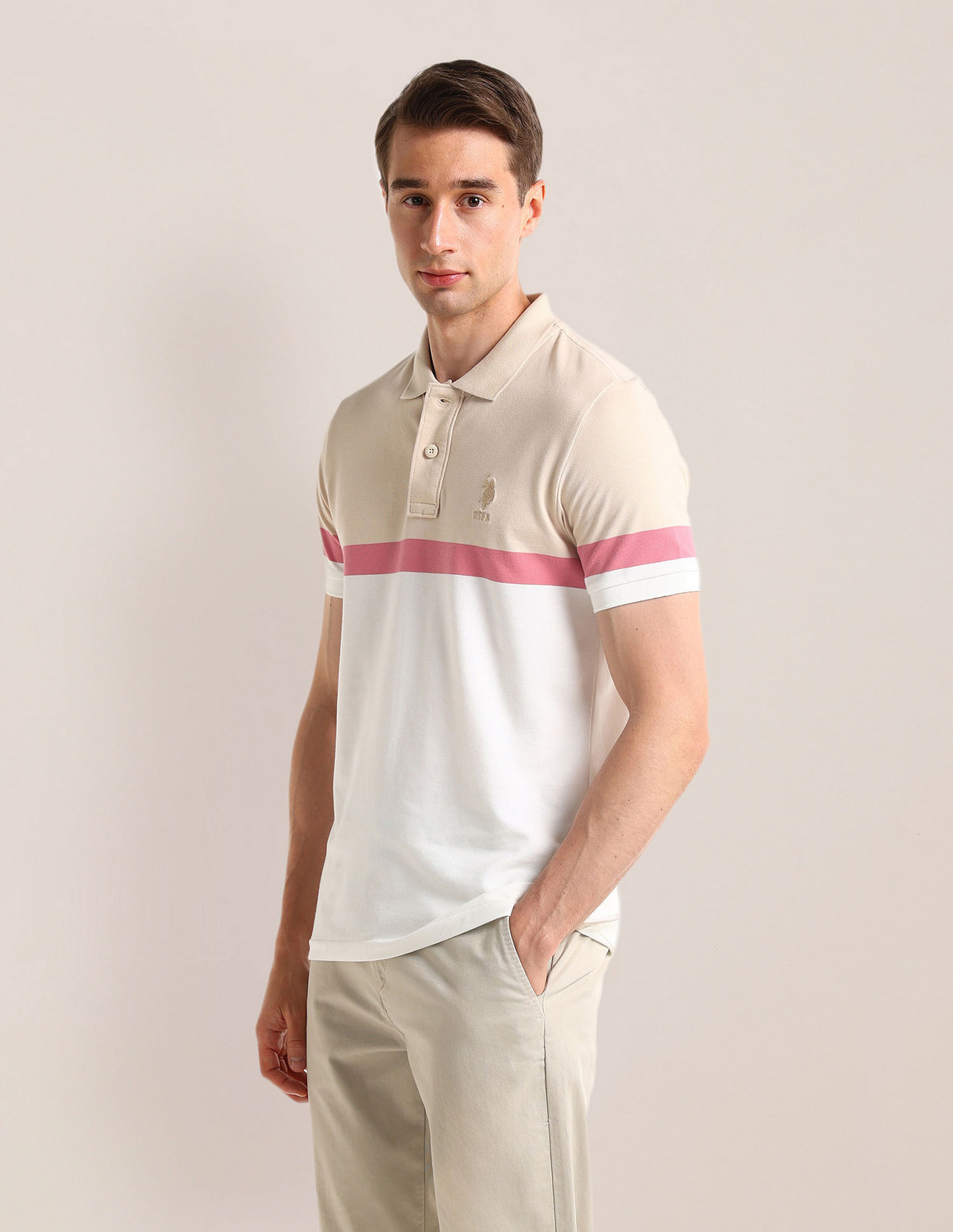 Image of U.S. POLO ASSN. Colorblock Men Polo Neck White T-Shirt