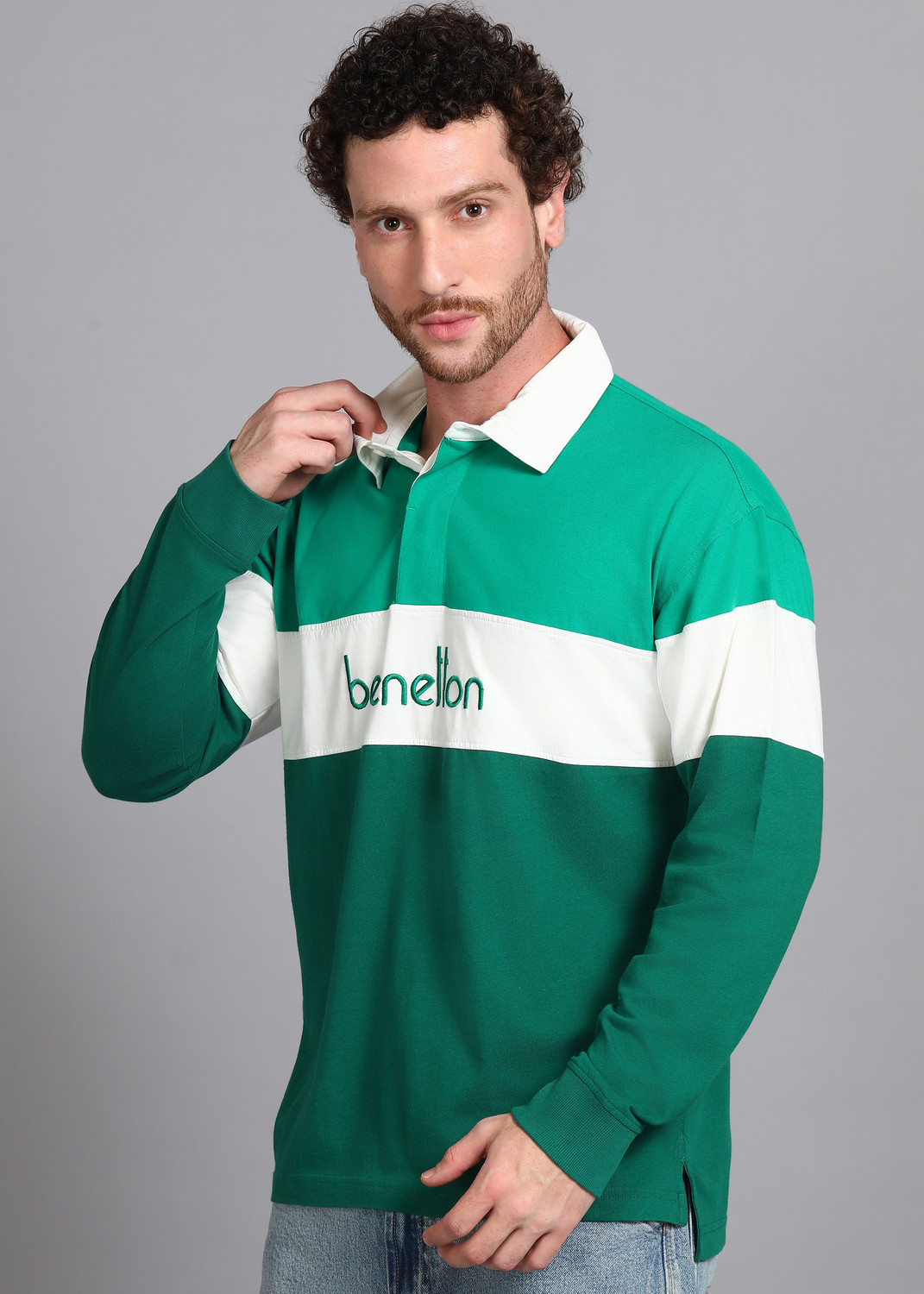 Image of United Colors of Benetton Colorblock Men Polo Neck Green, White T-Shirt