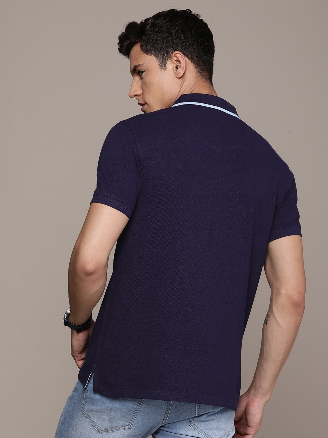 Image of French Connection Colorblock Men Polo Neck Navy Blue T-Shirt