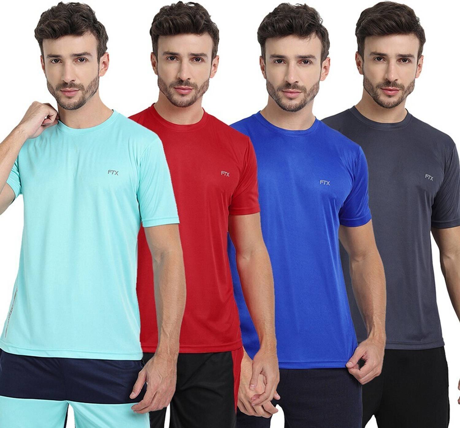 FTX Pack of 4 Men Solid Round Neck Polyester Light Blue, Red, Blu