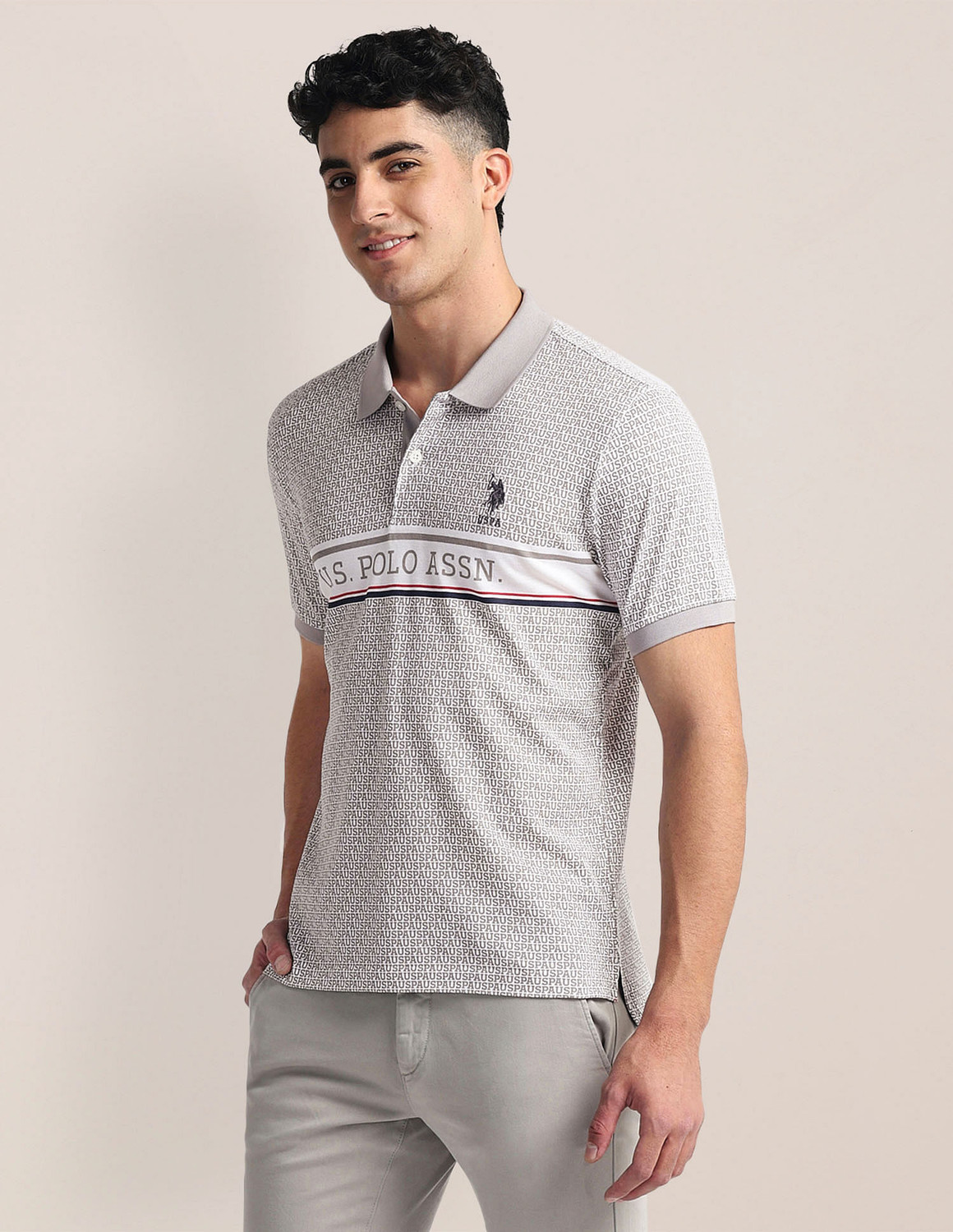Image of U.S. POLO ASSN. Typography Men Polo Neck Grey T-Shirt