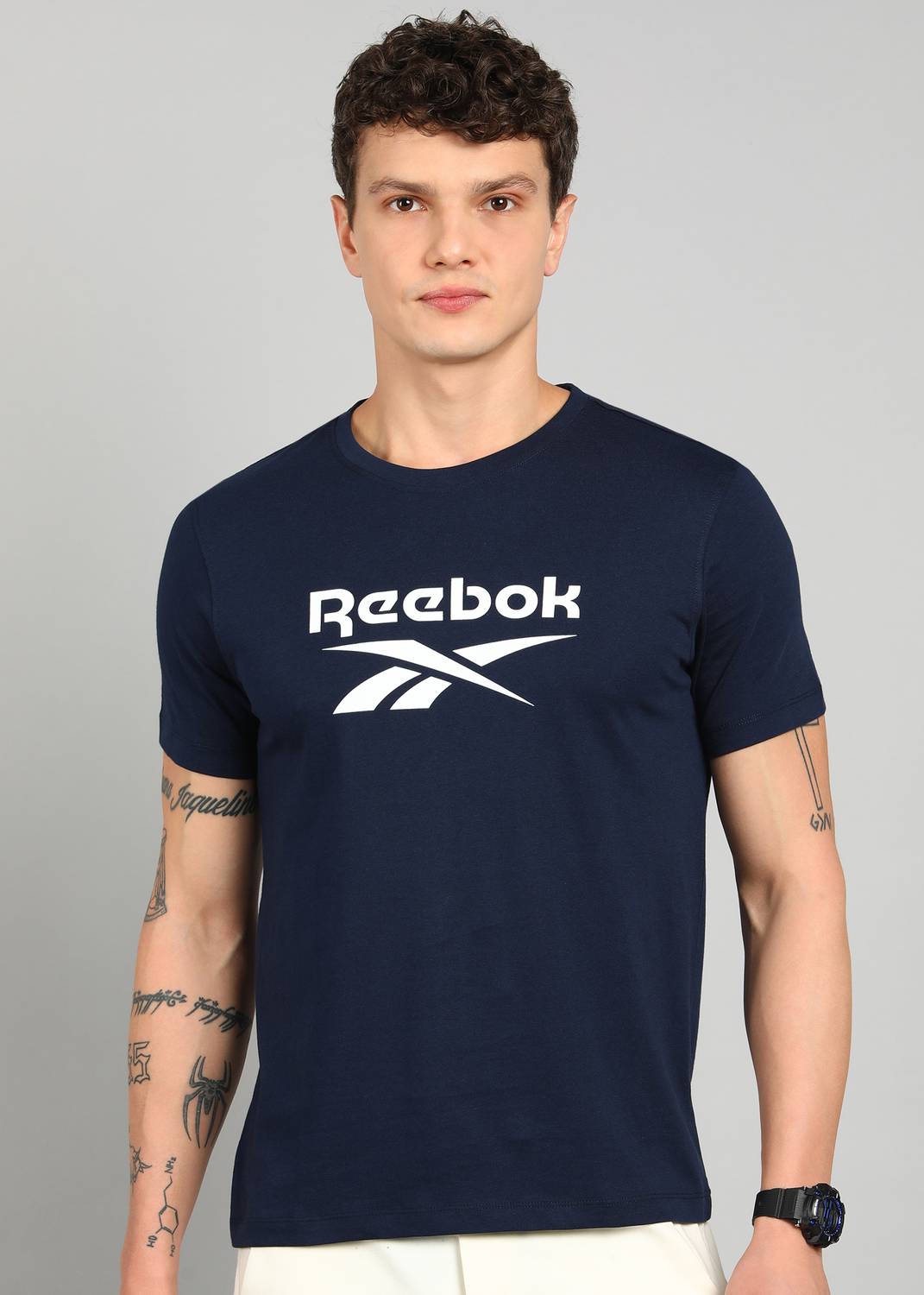 REEBOK Men Printed Round Neck Cotton Blend Navy Blue T-Shirt