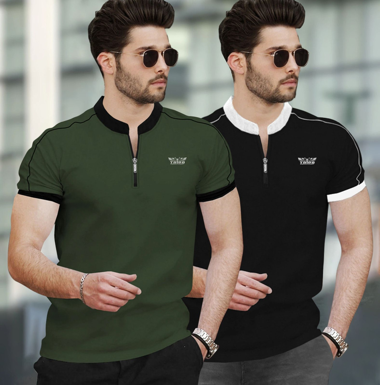 Image of TRIPR Solid Men Mandarin Collar Multicolor T-Shirt