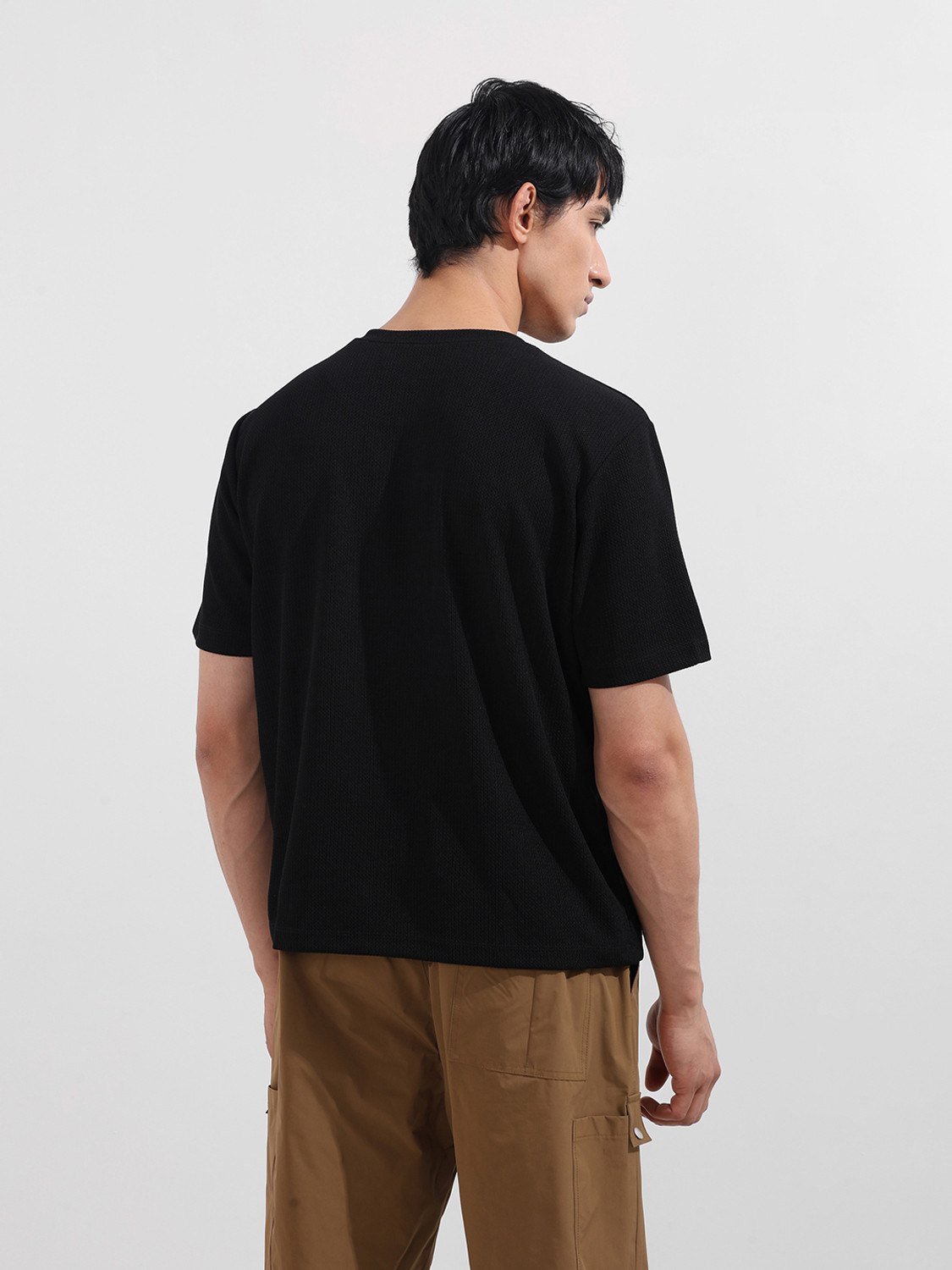 Image of The Indian Garage Co. Self Design Men V Neck Black T-Shirt