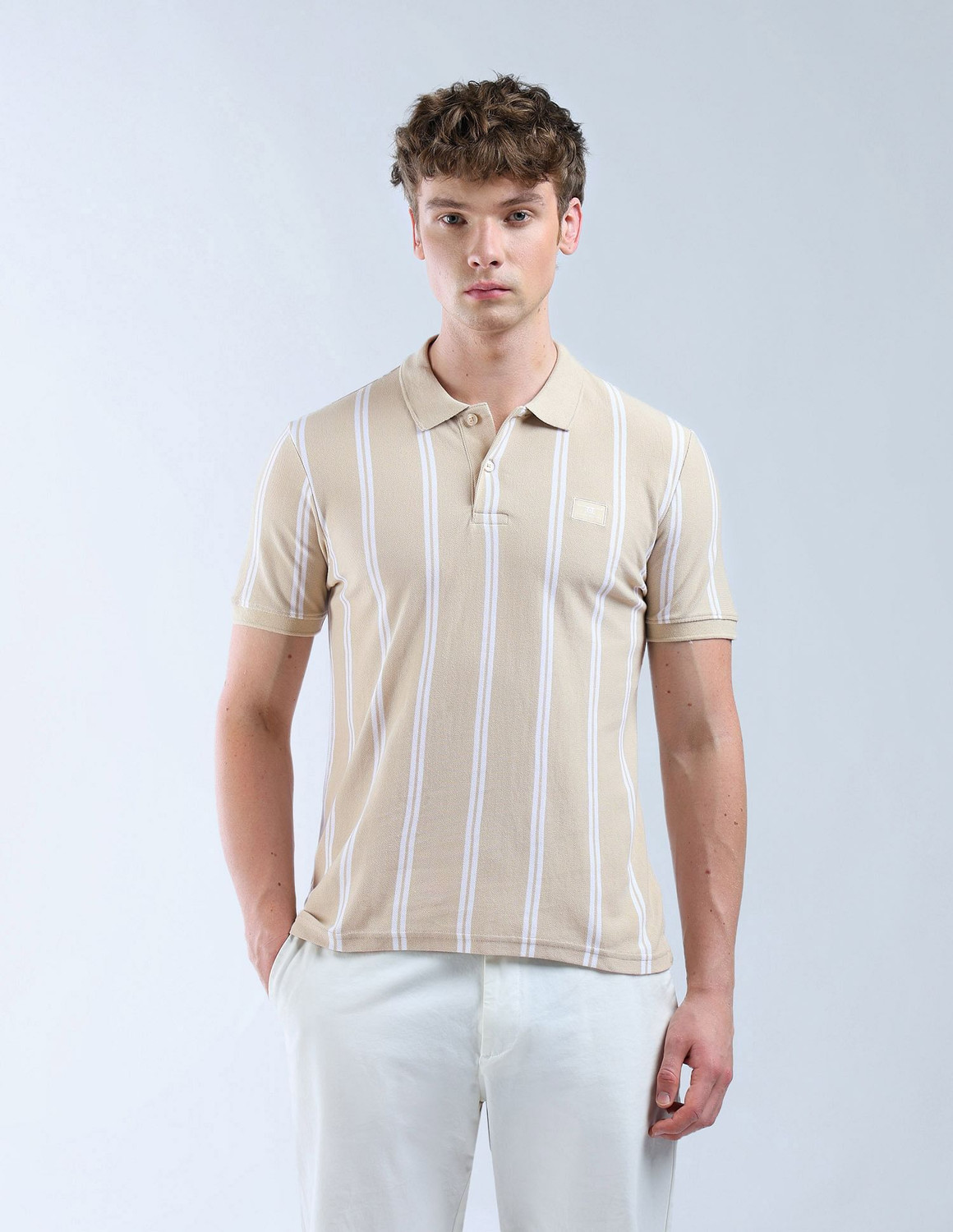 Image of FLYING MACHINE Striped Men Polo Neck Beige T-Shirt
