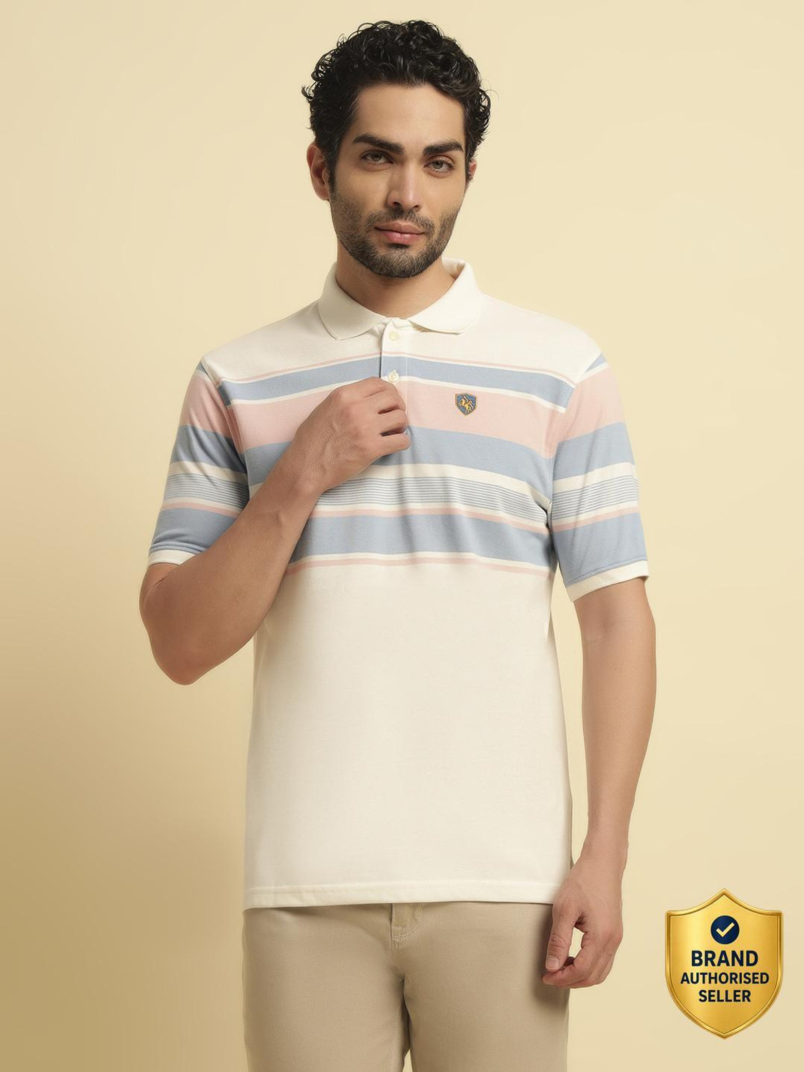 Image of CANTABIL Striped Men Polo Neck White T-Shirt