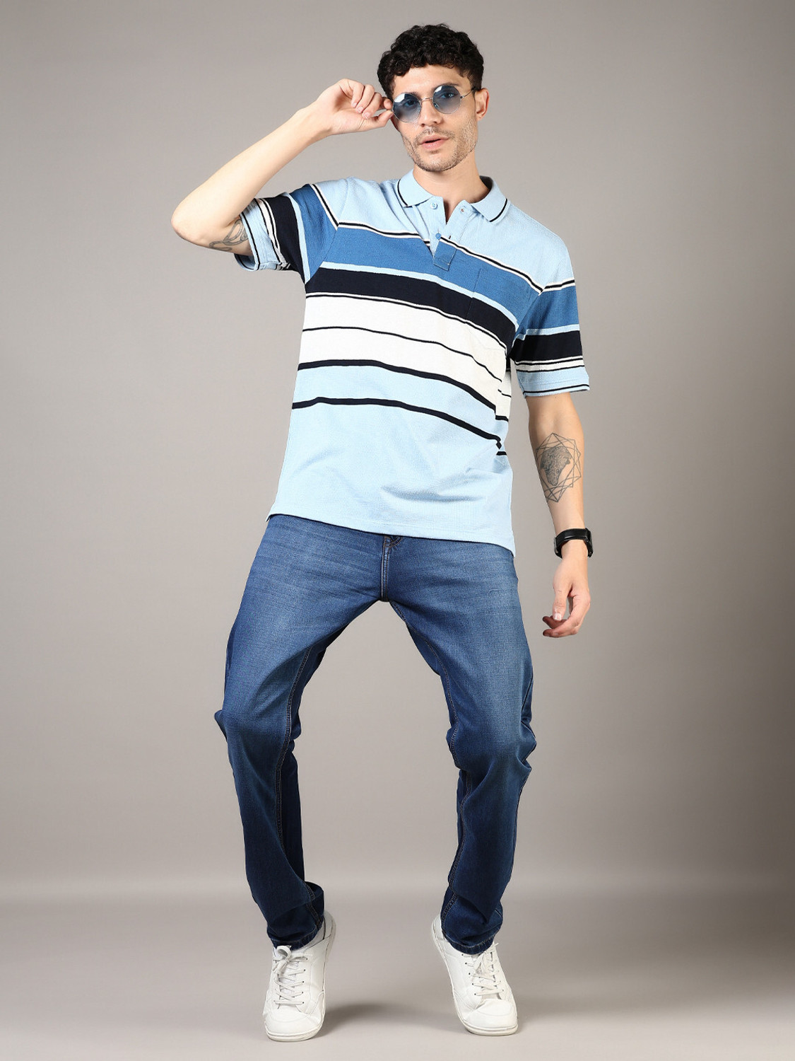 Image of V-MART Striped Men Polo Neck Blue T-Shirt
