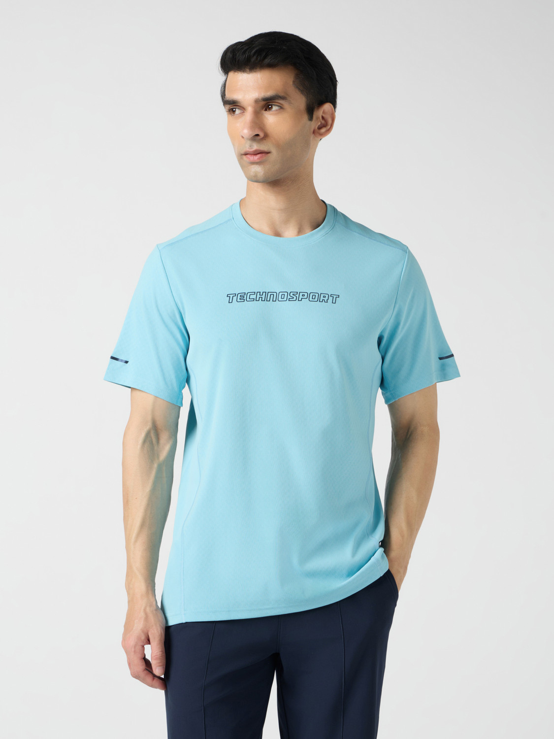 Image of TECHNOSPORT Typography Men Round Neck Light Blue T-Shirt