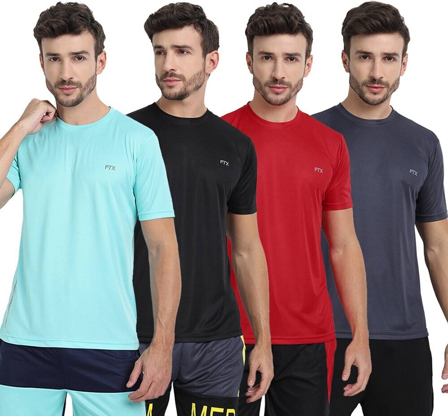 FTX Pack of 4 Men Solid Round Neck Polyester Light Blue, Red, Blu