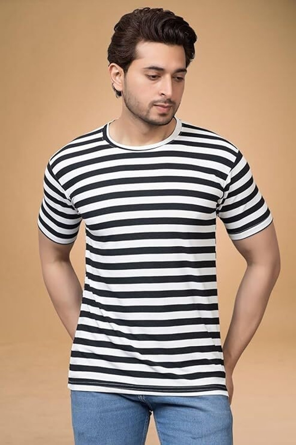 Image of RMGARMENTMK Striped Men Round Neck Grey T-Shirt