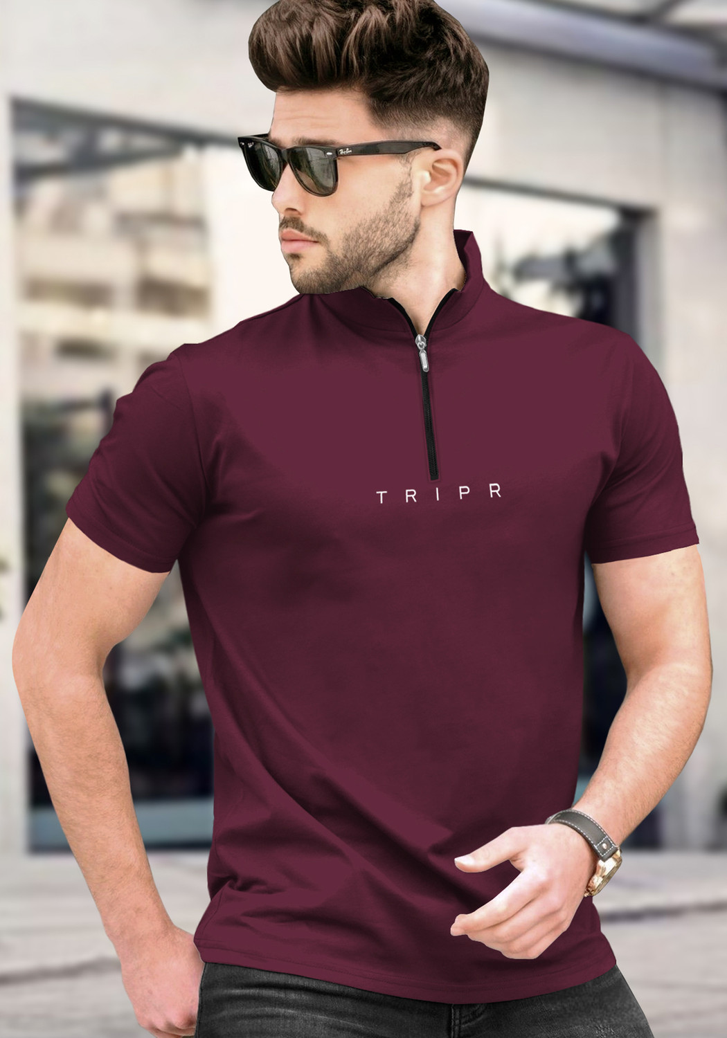 Image of TRIPR Solid Men Mandarin Collar Maroon T-Shirt