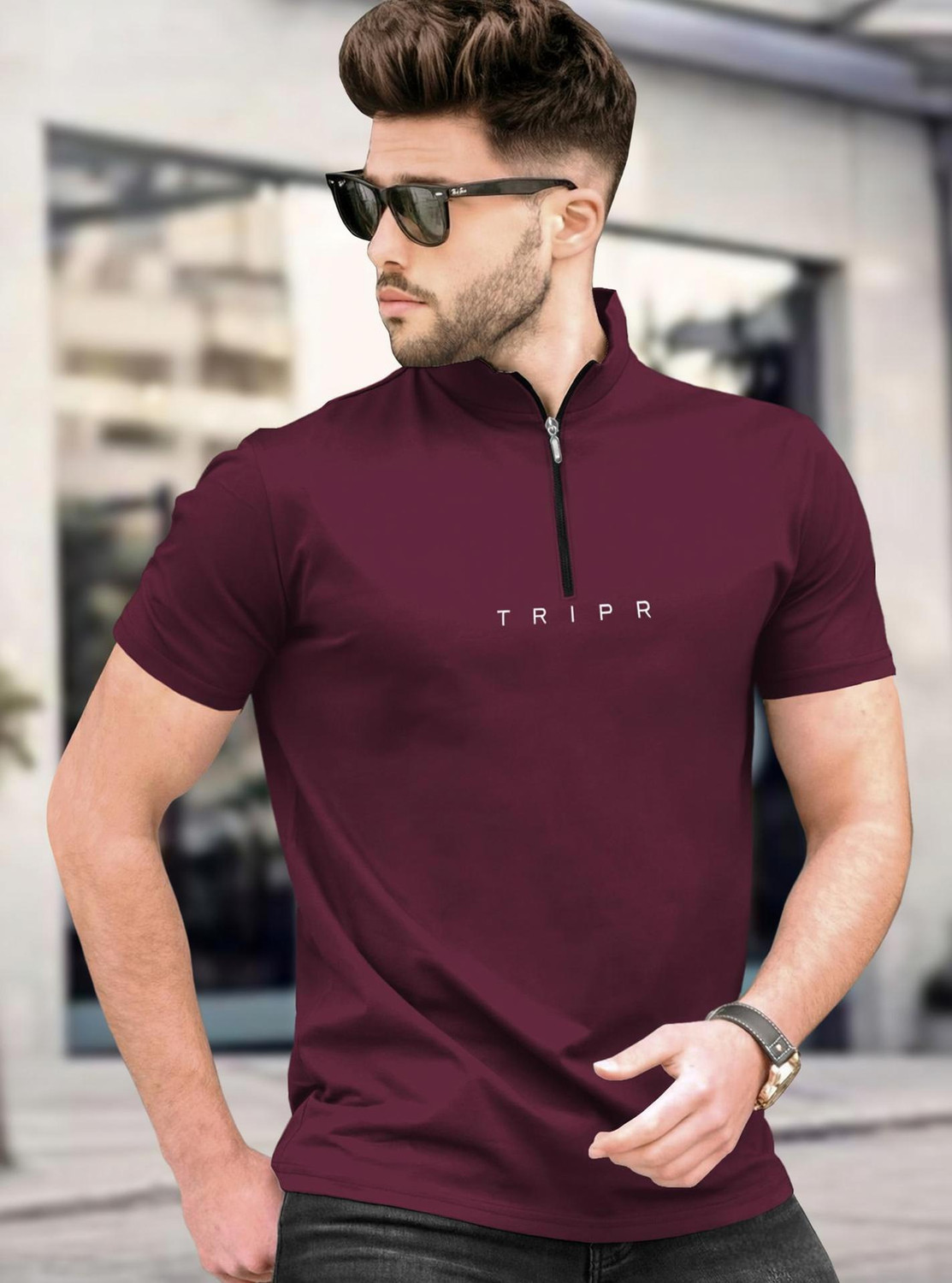 Image of TRIPR Solid Men Mandarin Collar Maroon T-Shirt