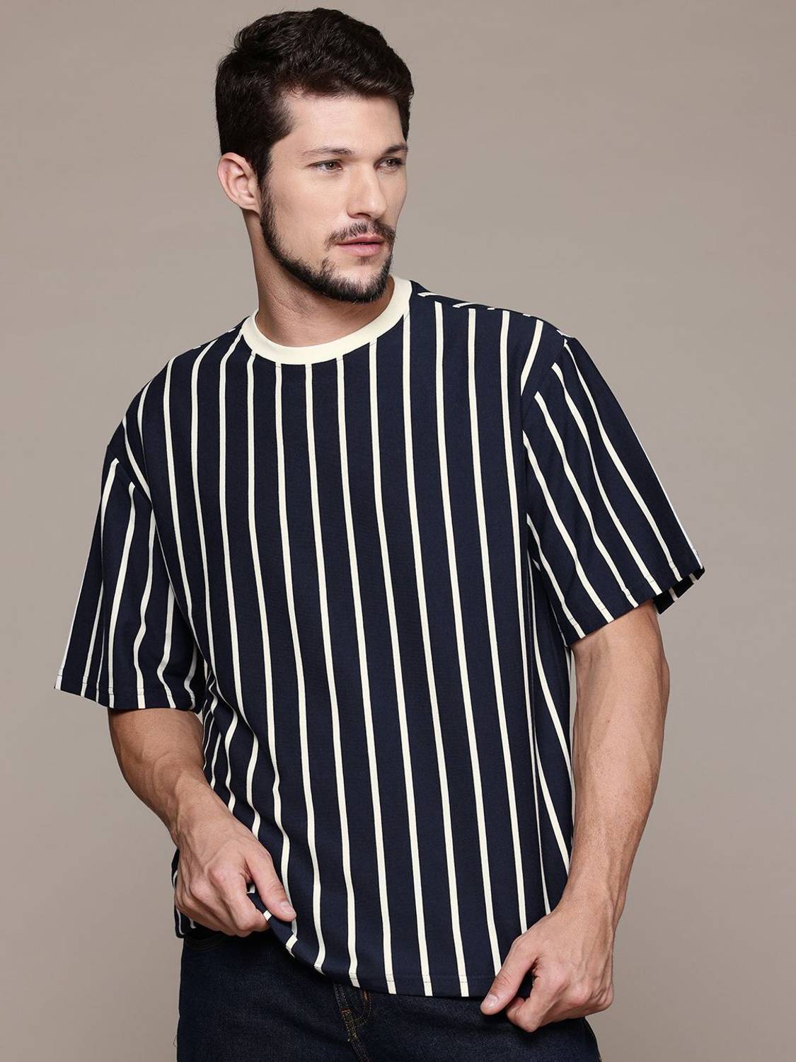 Roadster Men Striped Round Neck Cotton Blend Blue T-Shirt