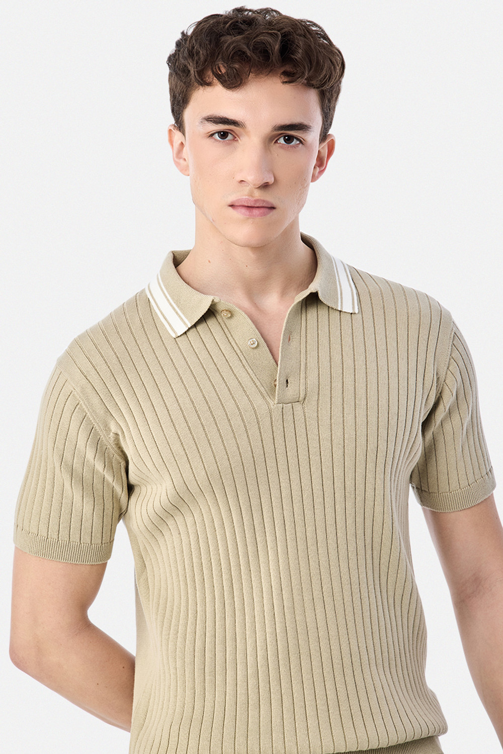 Image of Snitch Striped Men Polo Neck Beige T-Shirt