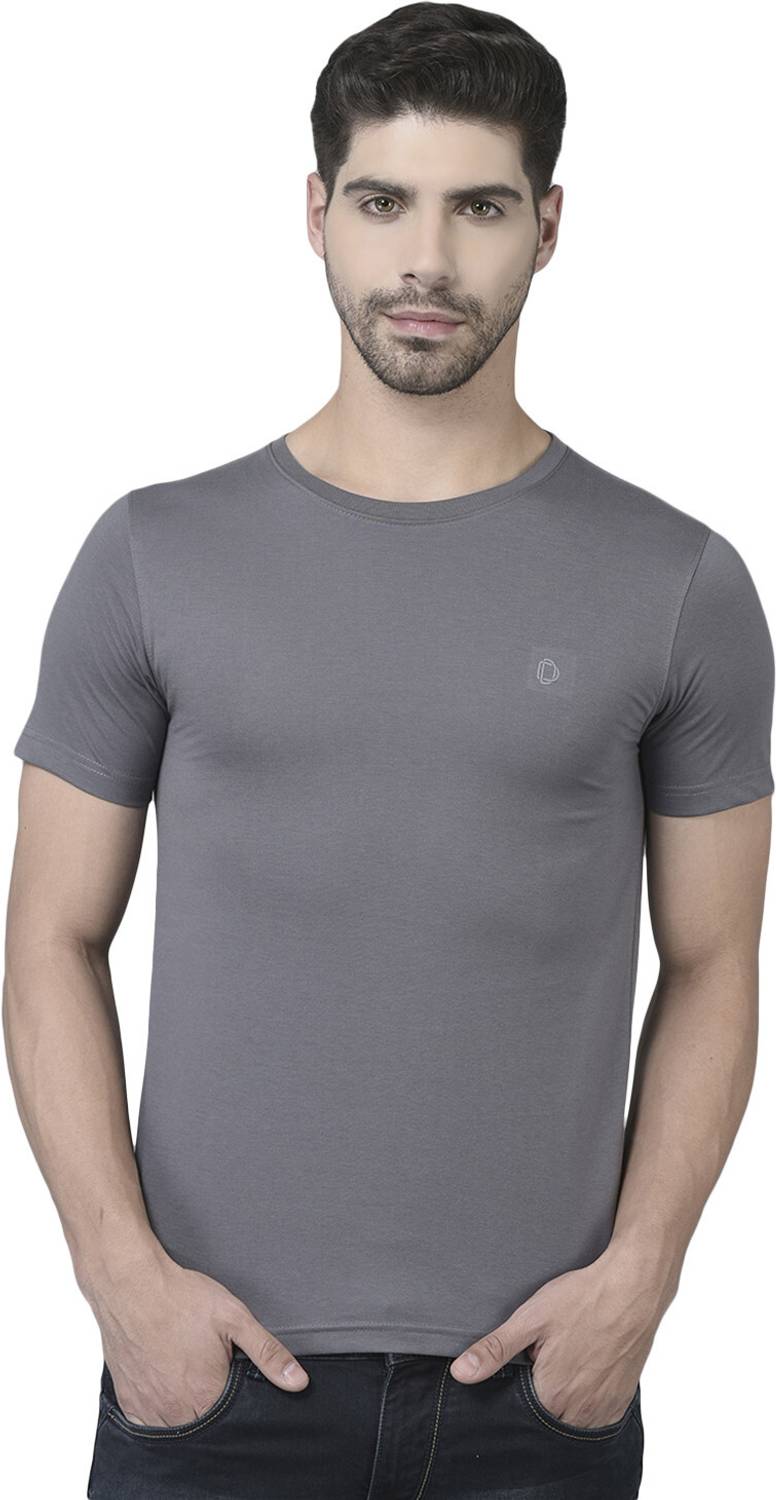 Dollar Men Solid Round Neck Cotton Blend Grey T-Shirt