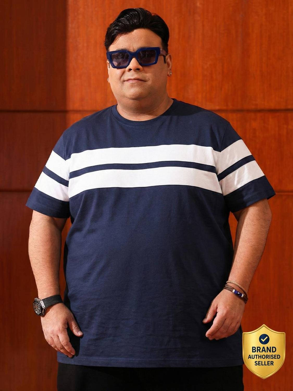 bigbanana Colorblock Men Round Neck Dark Blue T-Shirt