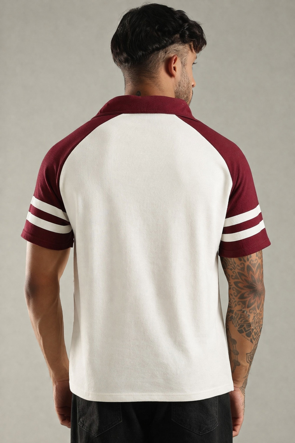 Image of SHINX Printed Men Polo Neck White, Maroon T-Shirt