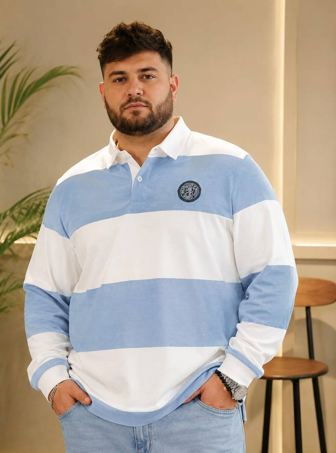 Men Colorblock Polo Neck Cotton Blend Blue T-Shirt - Image 1