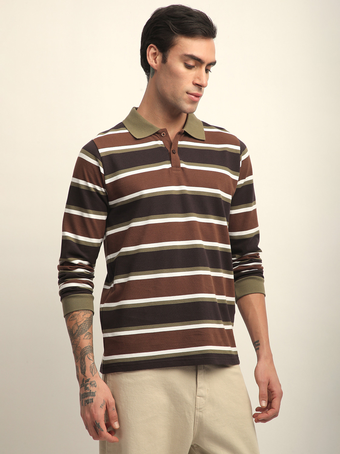 Image of DILLINGER Striped Men Polo Neck Multicolor T-Shirt