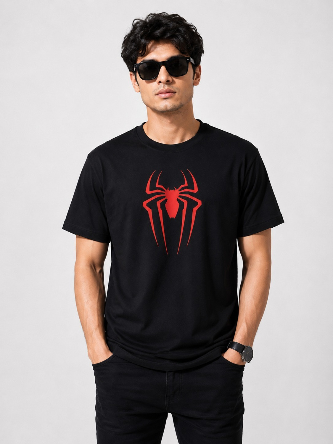 Image of TrendVastra Men Printed Round Neck Pure Cotton Black T-Shirt