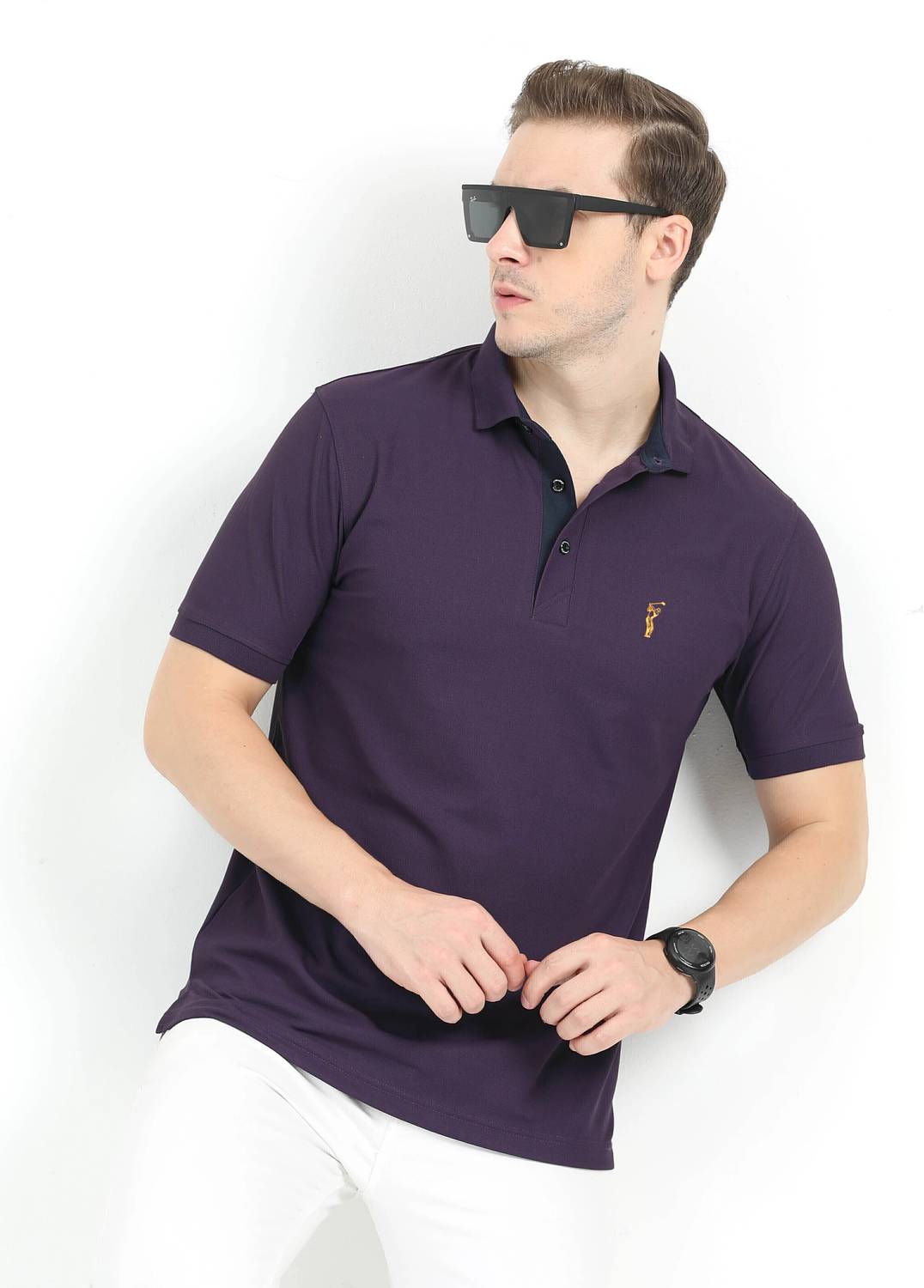 Stellers Men Solid Polo Neck Polyester Purple T-Shirt