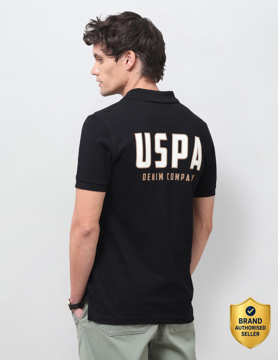 Image of U.S. Polo Assn. Denim Co. Men Printed Polo Neck Pure Cotton Black T-Shirt